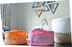 This beautiful basket is made from hosiery cotton t-shirt yarn and measures 12x5". It is perfect for storing fruits or organizing small cloths