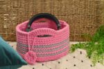 Hosiery T-Shirt Yarn Crochet Basket With Loops Handmade - Pink