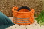 Hosiery T-Shirt Yarn Crochet Basket With Loops Handmade Orange
