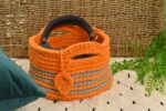 Hosiery T-Shirt Yarn Crochet Basket With Loops Handmade Orange