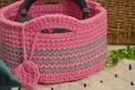 Hosiery T-Shirt Yarn Crochet Basket With Loops Handmade - Pink