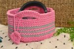 Hosiery T-Shirt Yarn Crochet Basket With Loops Handmade - Pink