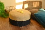 Buy Online Round Cotton Handcrafted Pouf Ottoman Beige Black in India