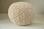 Buy Online Wide Round Macramé Hand Knitted Ottoman Pouf Cotton Ivory in Kolkata