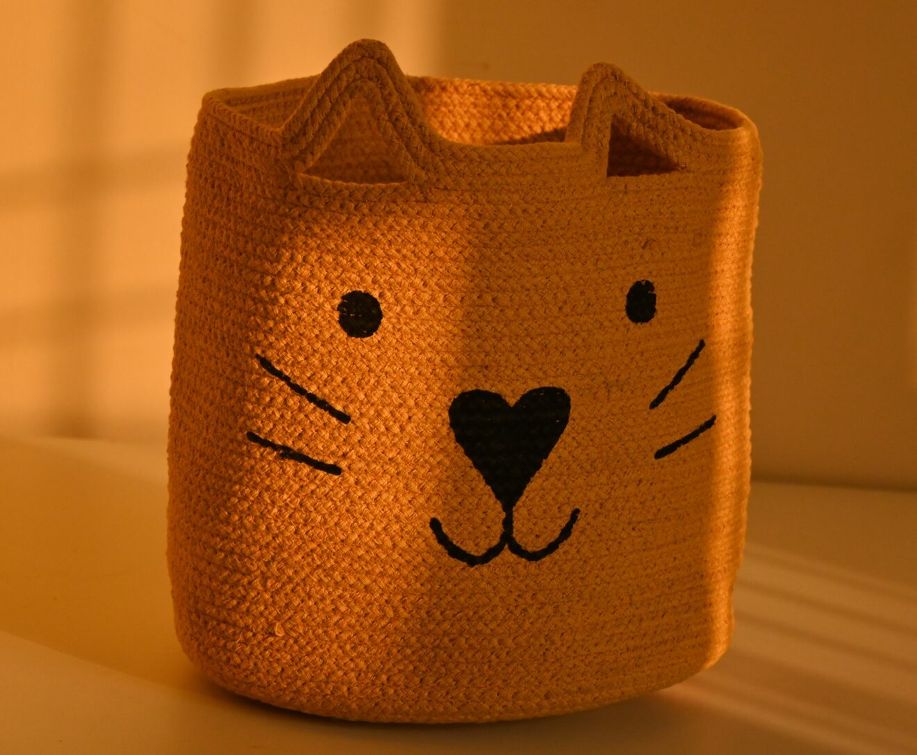 Jute Basket With Printed Cat Art Smiley Laundry And Utility Storage
