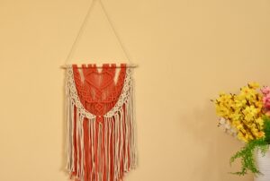 Handmade Red Off White Woven Macrame Design Wall Hanging