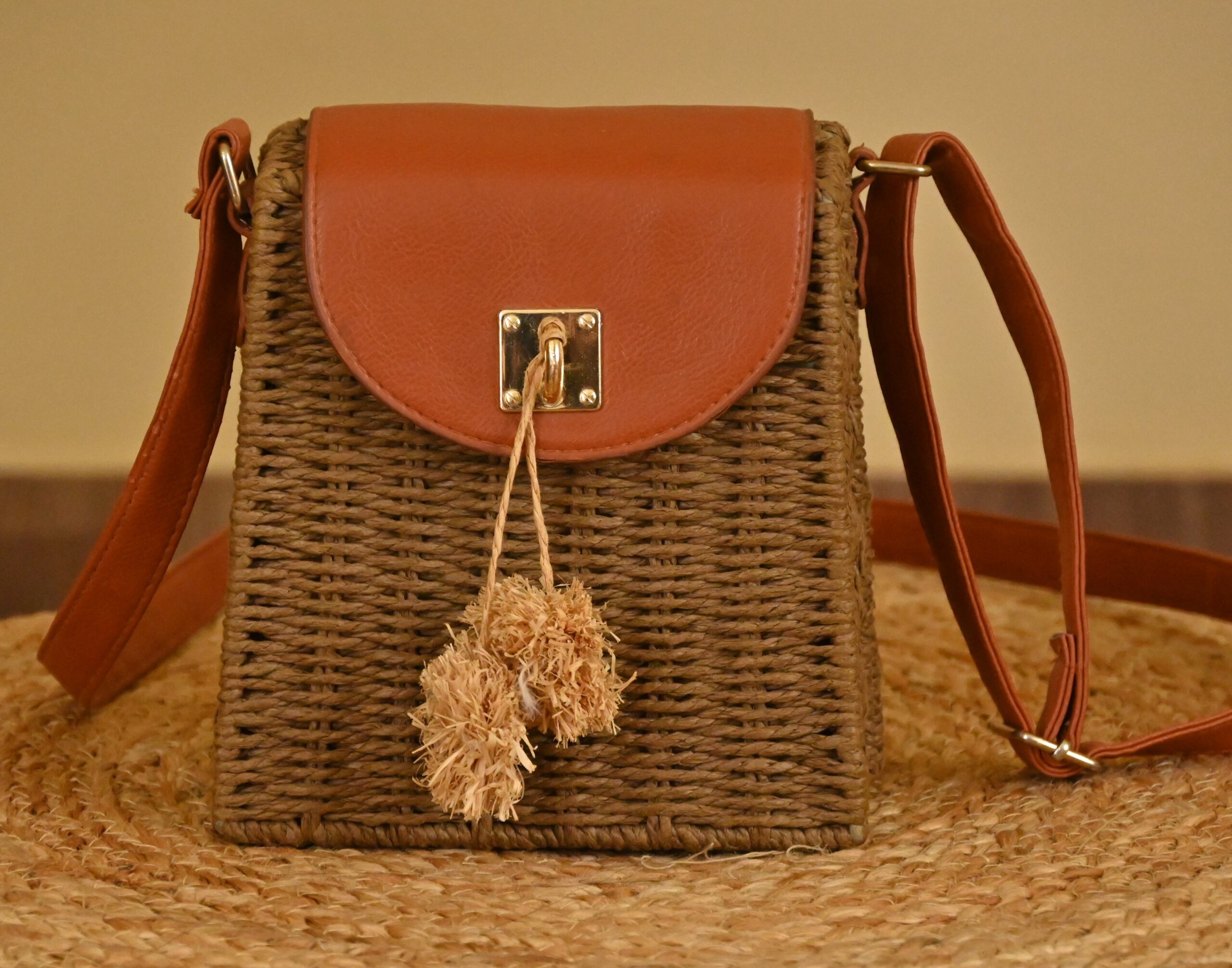 Woven Straw Tote Bag with Extra long Hand Shredded Natural Straw