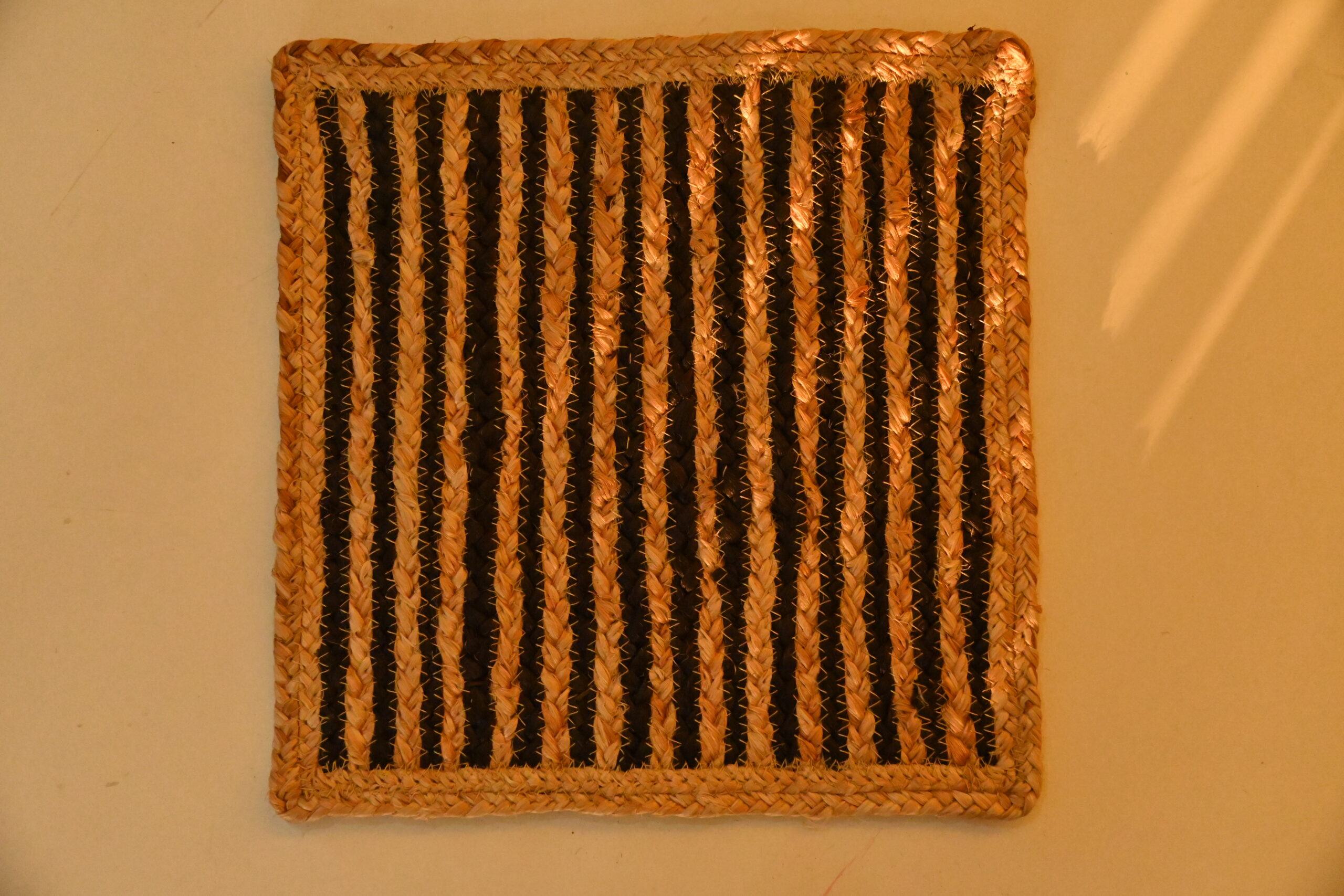 Handmade Square Beige and Black Minimalist Design Jute Braided Tablemat.