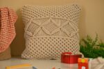 Handloom Off-white Macramé Diamond Design Cotton Sofa Cushion with Fringe