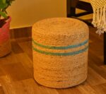 Handcrafted Jute Ottoman Pouffe | Beige with Dual Green Stripes |