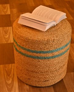 Handcrafted Jute Ottoman Pouffe | Beige with Dual Green Stripes |