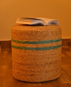 Handcrafted Jute Ottoman Pouffe | Beige with Dual Green Stripes |