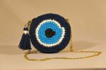 Handknitted Cotton Evil Eye Sling Bag Navy Blue